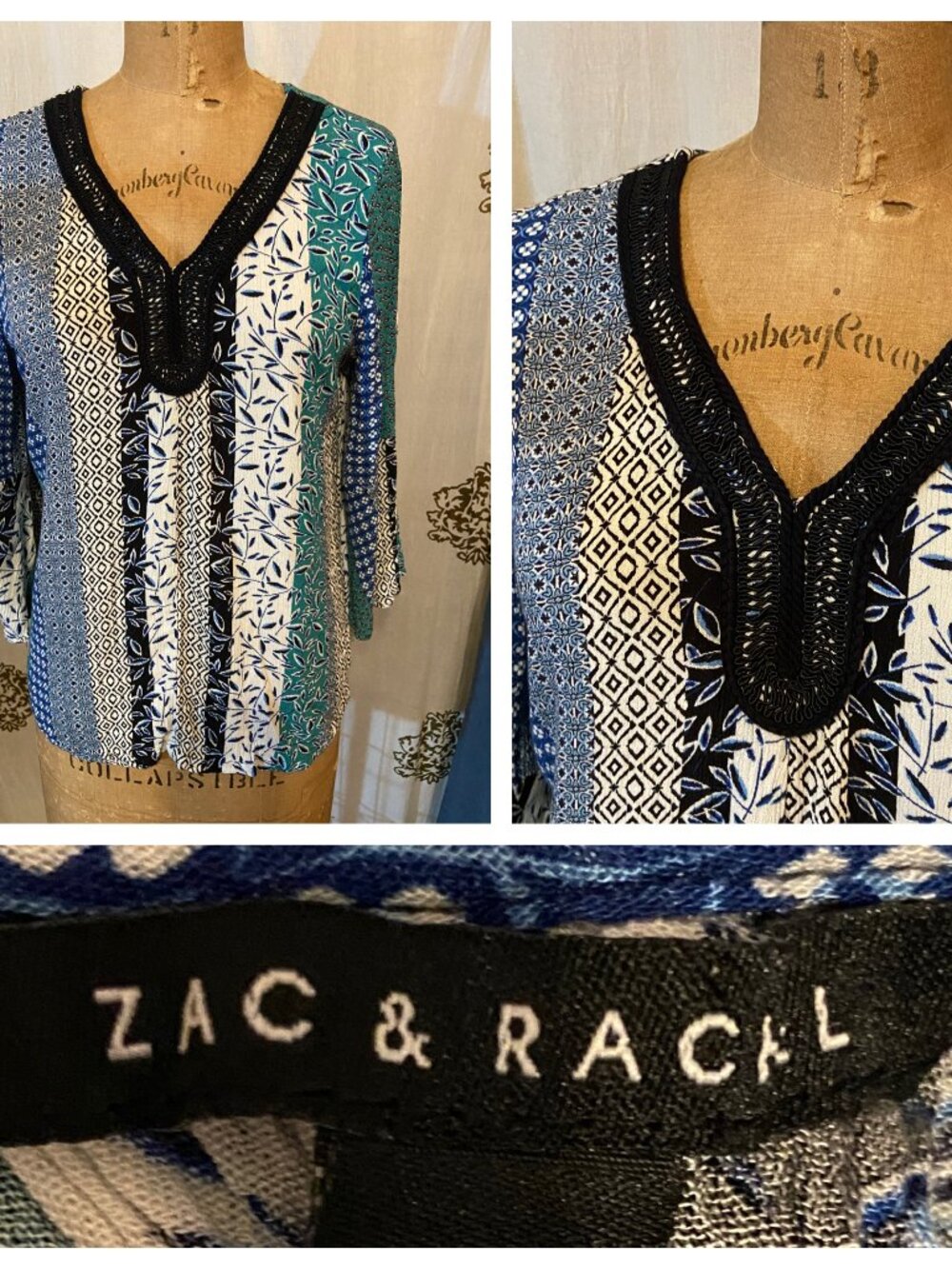 ZAC & RACHEL Bell Sleeve Blouse Peasant Gauze Top M Crochet Boho Festival Hippie